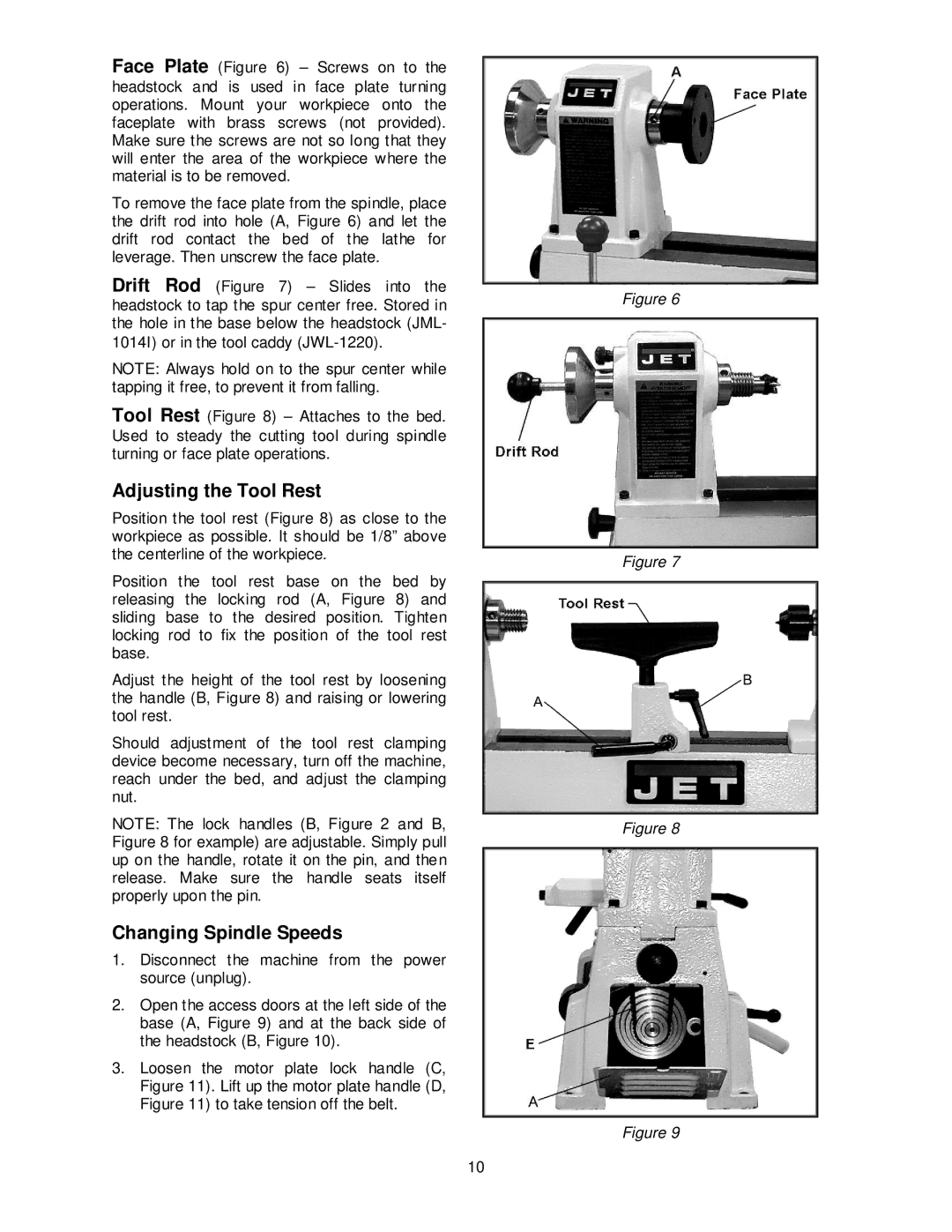 Jet Tools JML-1014 JWL-1220 operating instructions Adjusting the Tool Rest, Changing Spindle Speeds 