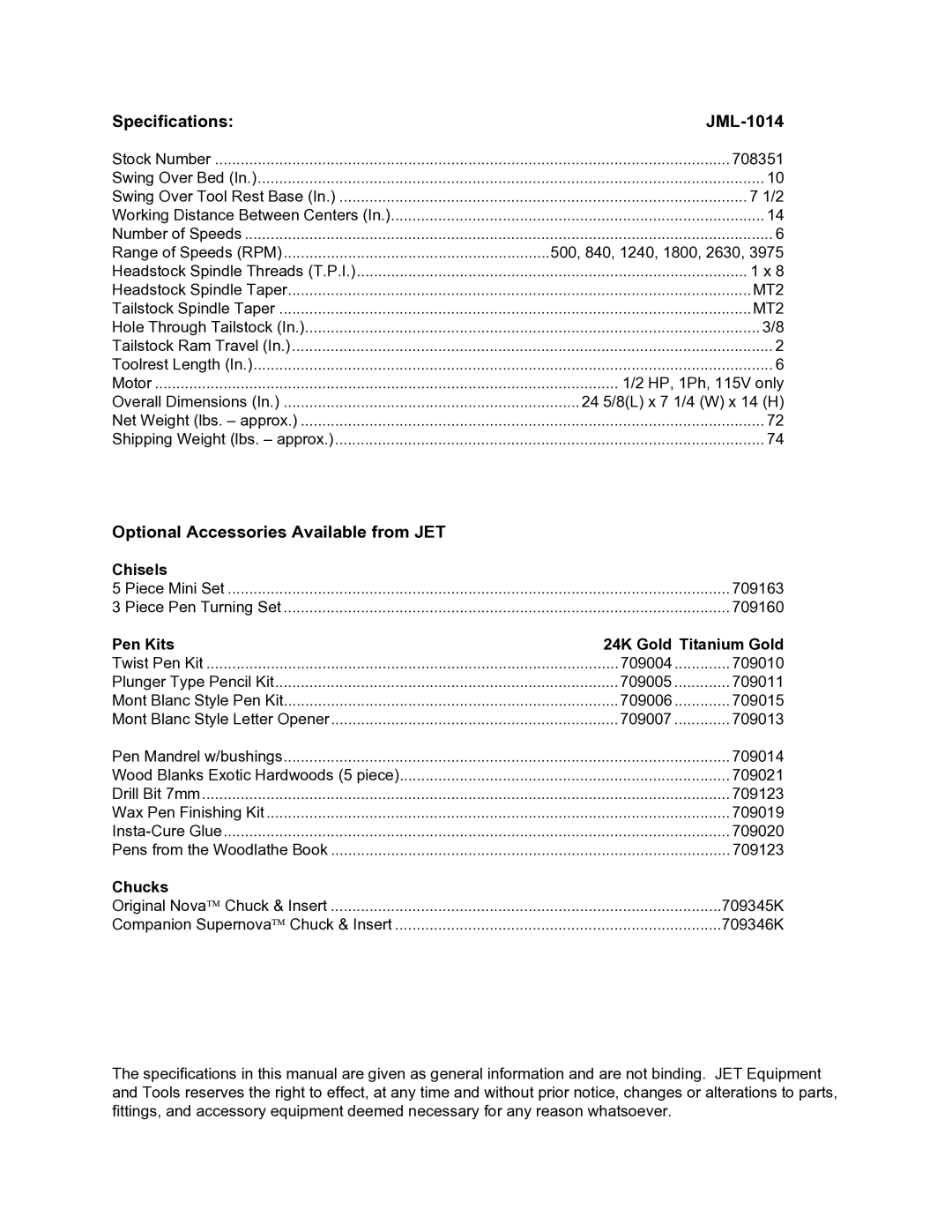 Jet Tools owner manual Specifications JML-1014, Optional Accessories Available from JET 