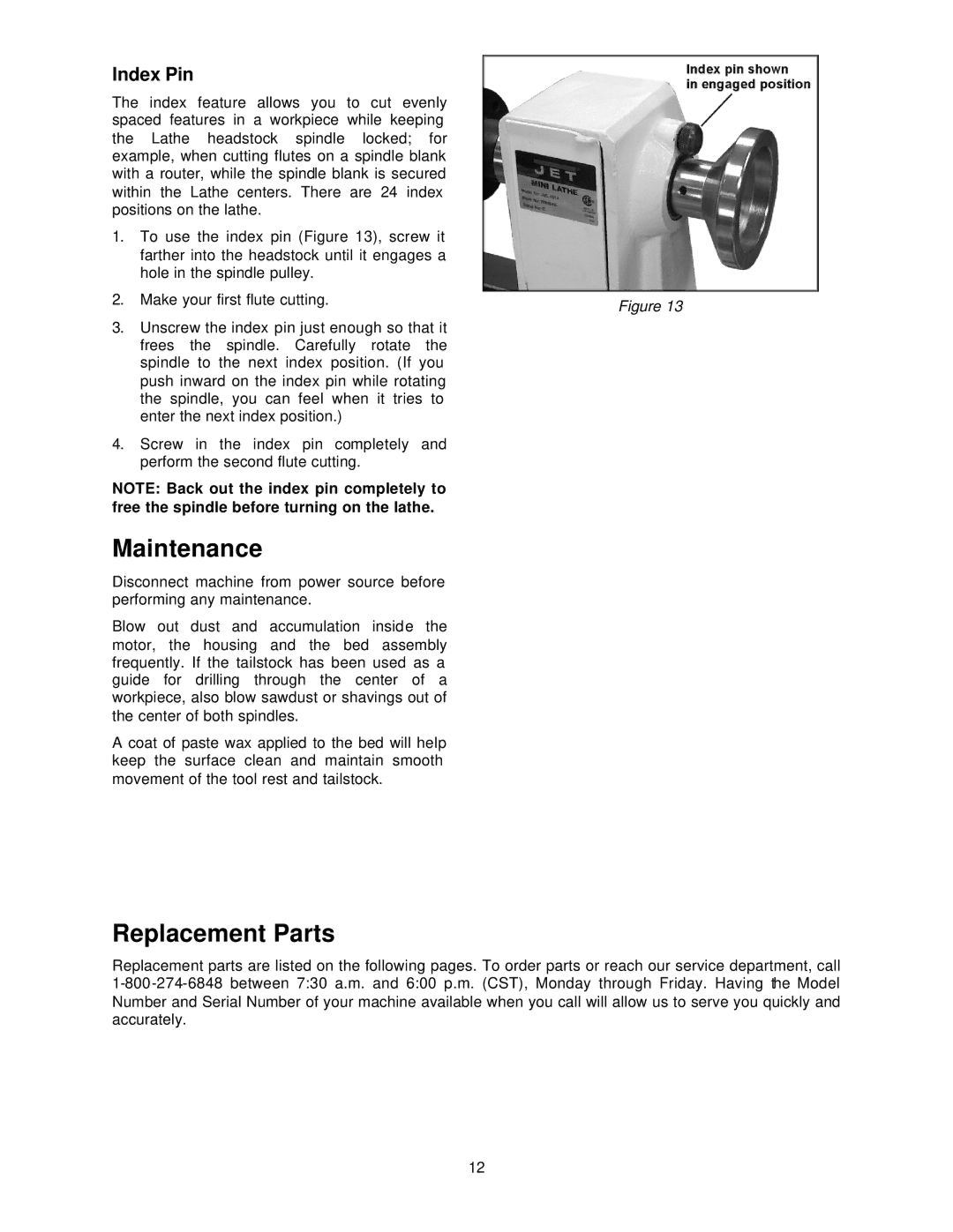 Jet Tools JML-1014I, JWL-1220 operating instructions Maintenance, Replacement Parts, Index Pin 