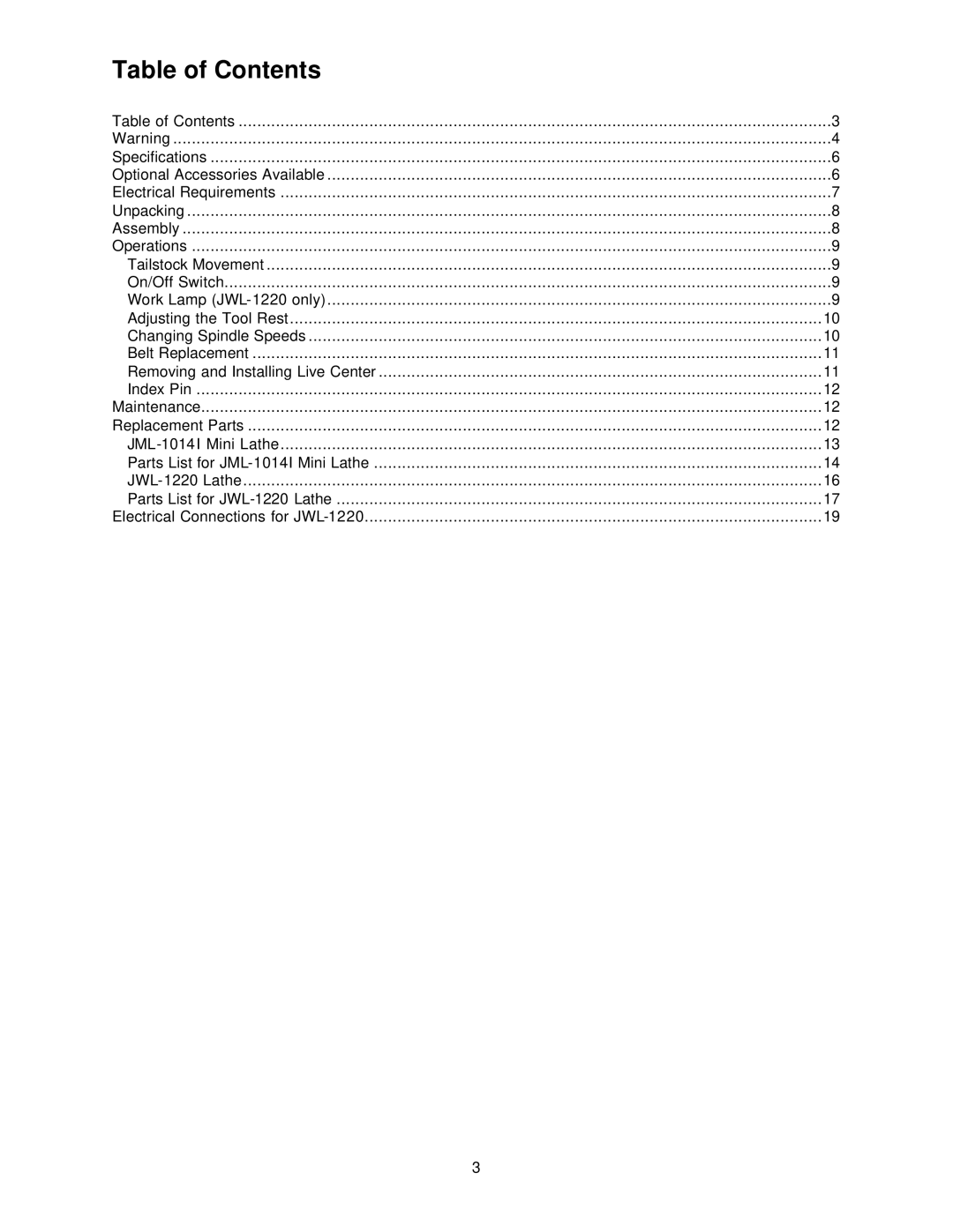 Jet Tools JWL-1220, JML-1014I operating instructions Table of Contents 