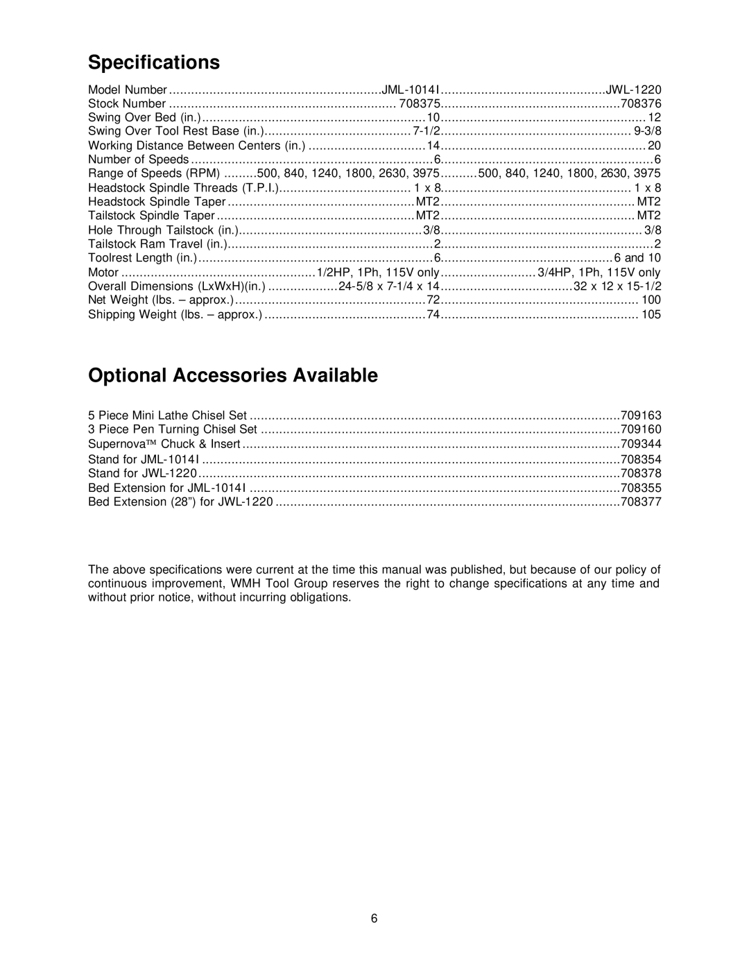 Jet Tools JML-1014I, JWL-1220 operating instructions Specifications, Optional Accessories Available 