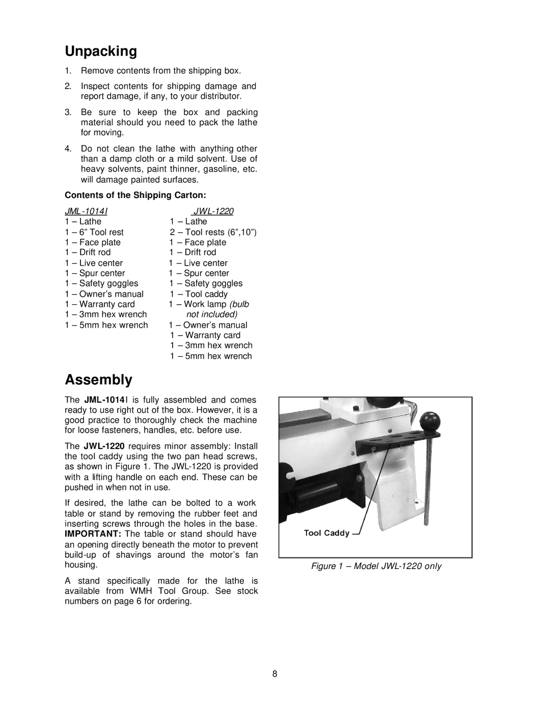 Jet Tools JML-1014I, JWL-1220 operating instructions Unpacking, Assembly 