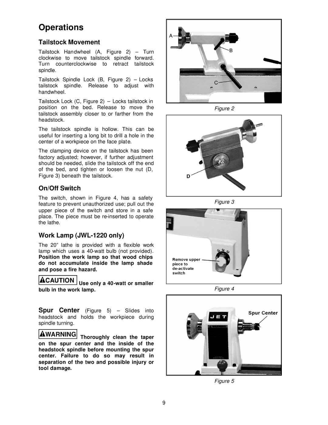 Jet Tools JML-1014I operating instructions Operations, Tailstock Movement, On/Off Switch, Work Lamp JWL-1220 only 