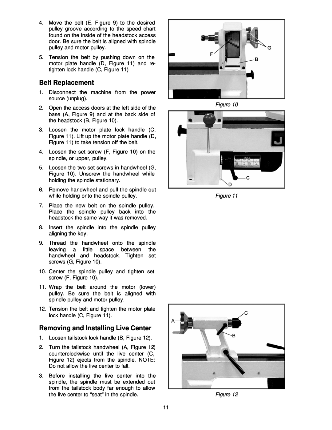 Jet Tools JWL-1220, JML-1014I operating instructions Belt Replacement, Removing and Installing Live Center 