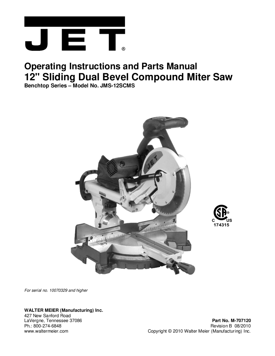 Jet Tools manual Benchtop Series Model No. JMS-12SCMS, 174315, Walter Meier Manufacturing Inc, Part No. M-707120 