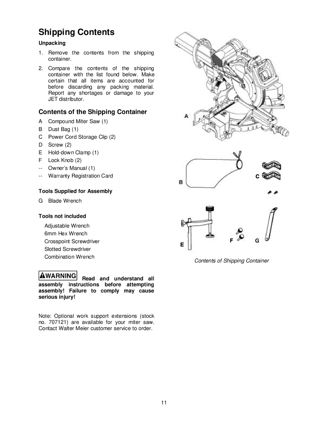 Jet Tools JMS-12SCMS manual Shipping Contents 