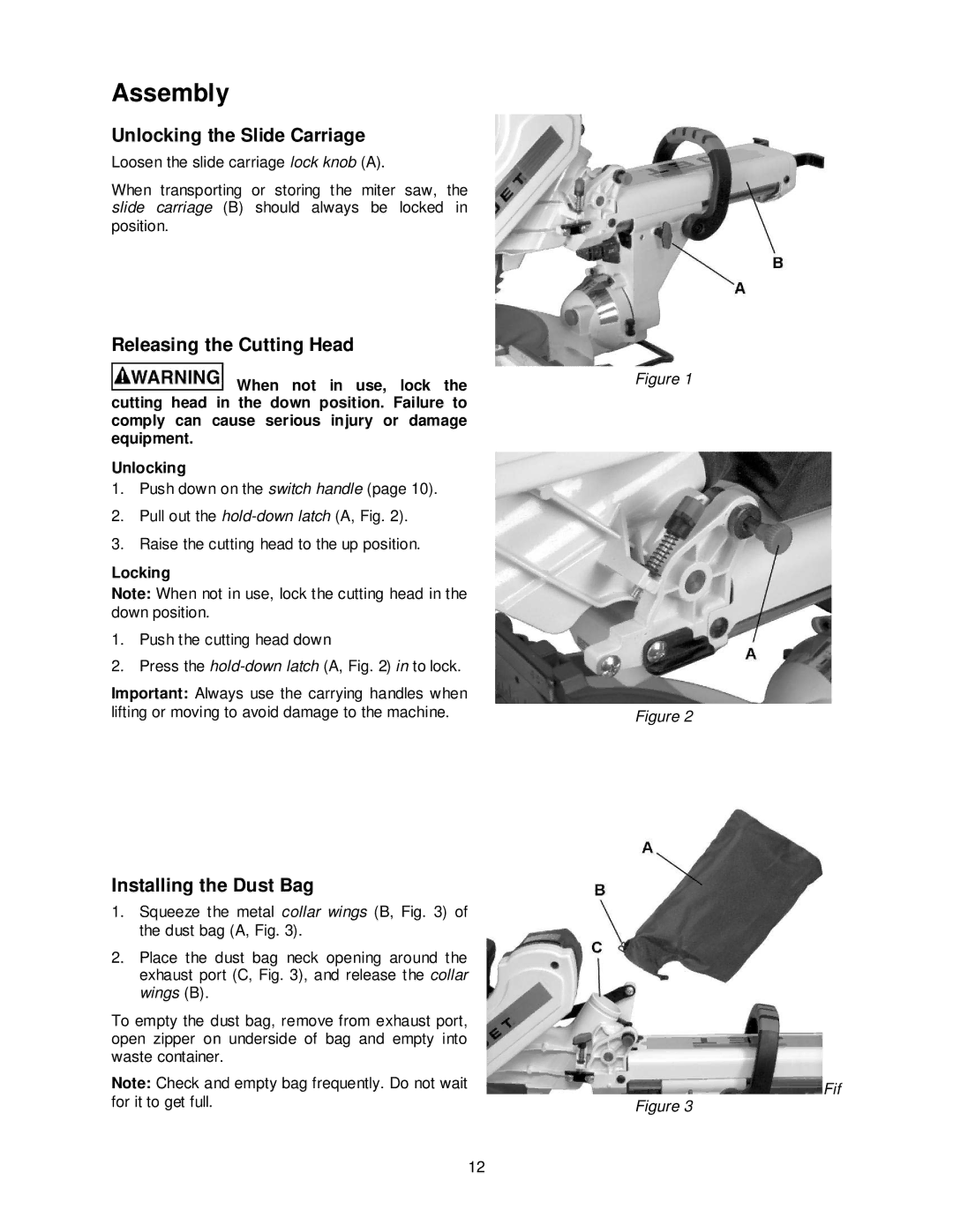 Jet Tools JMS-12SCMS Assembly, Unlocking the Slide Carriage, Releasing the Cutting Head, Installing the Dust Bag, Locking 