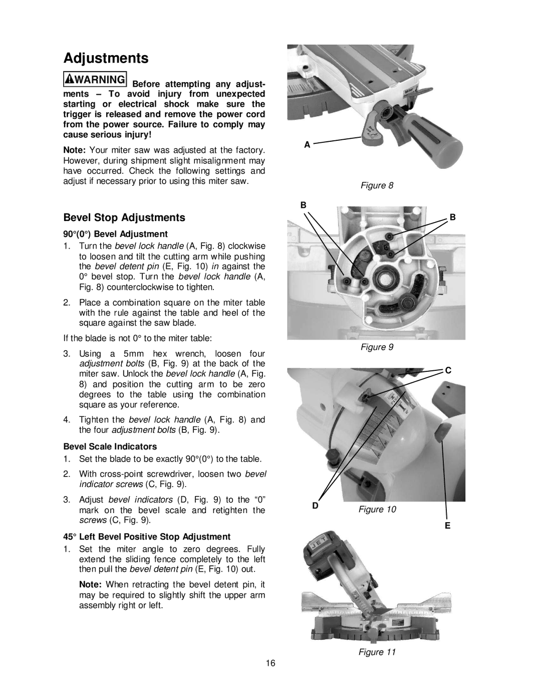 Jet Tools JMS-12SCMS manual Bevel Stop Adjustments, Bevel Adjustment, Bevel Scale Indicators 