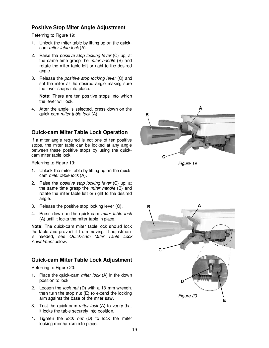 Jet Tools JMS-12SCMS manual Positive Stop Miter Angle Adjustment, Quick-cam Miter Table Lock Operation 