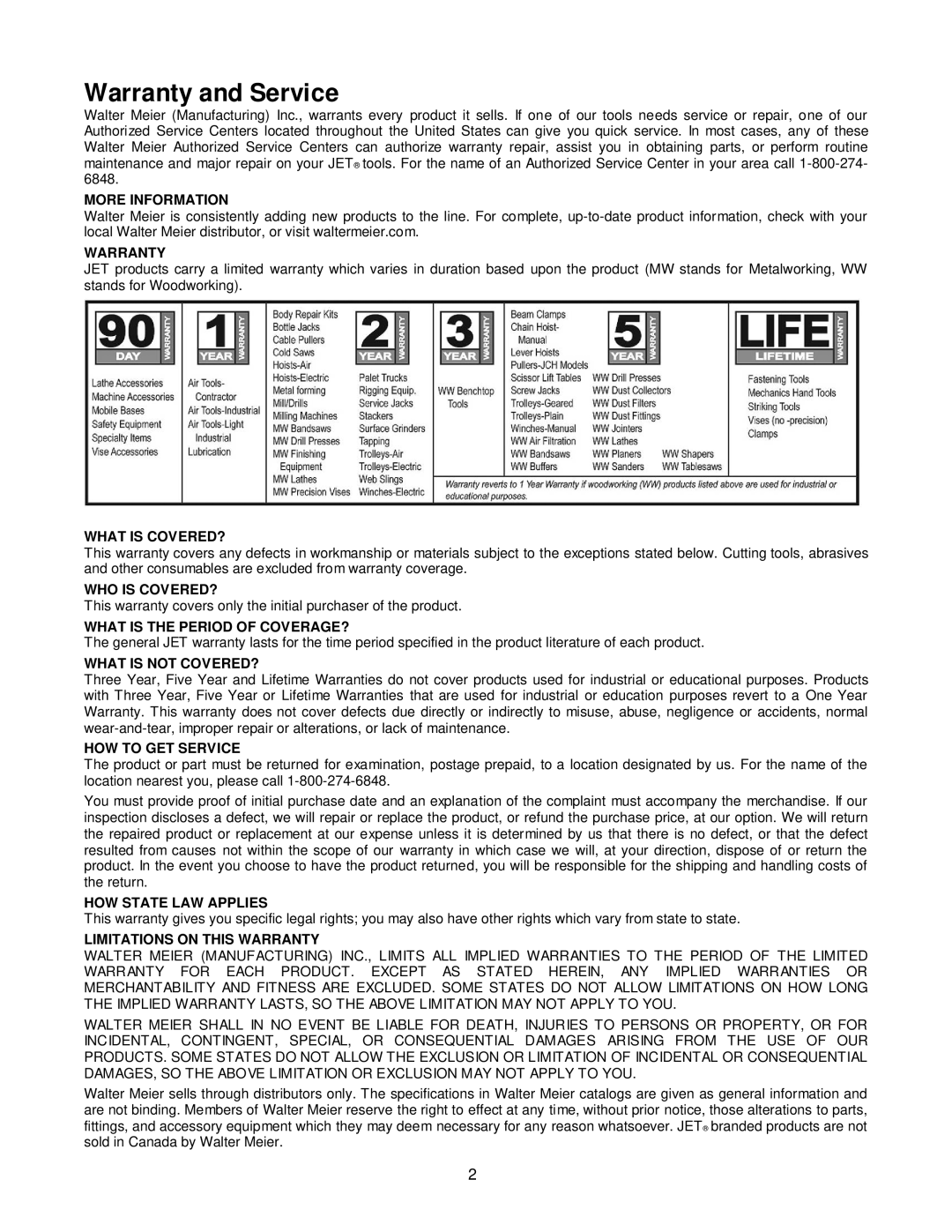 Jet Tools JMS-12SCMS manual Warranty and Service, More Information 