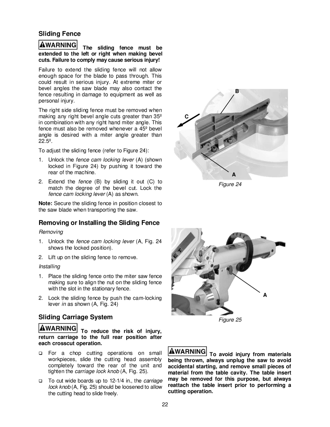 Jet Tools JMS-12SCMS manual Removing or Installing the Sliding Fence, Sliding Carriage System 