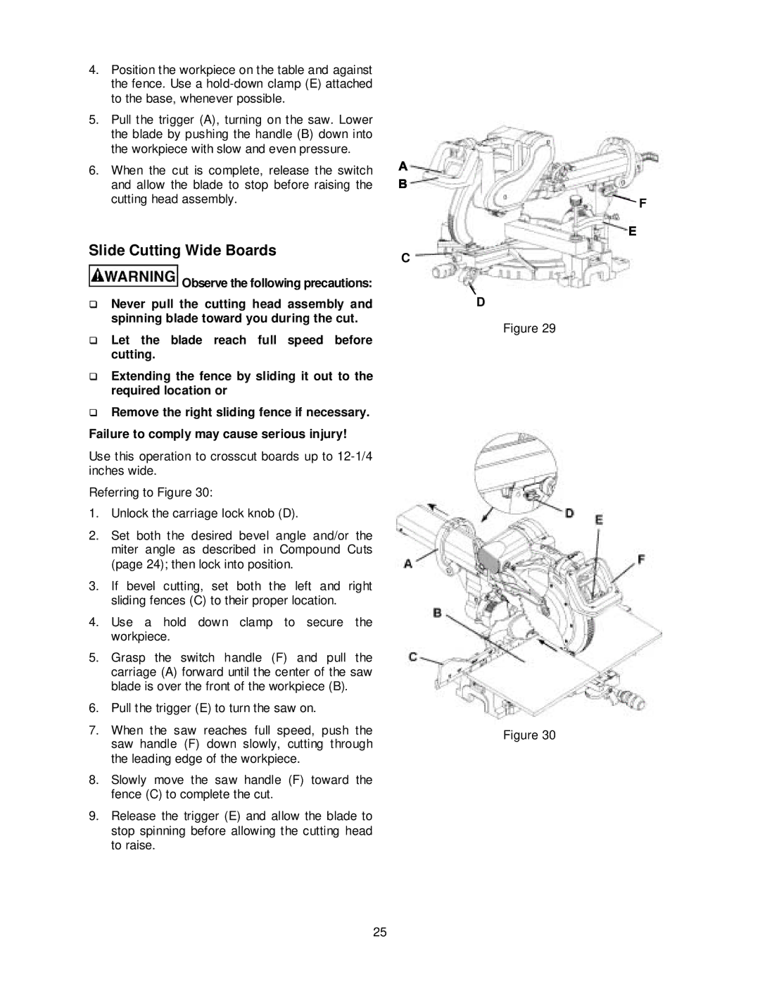 Jet Tools JMS-12SCMS manual Slide Cutting Wide Boards, Unlock the carriage lock knob D 