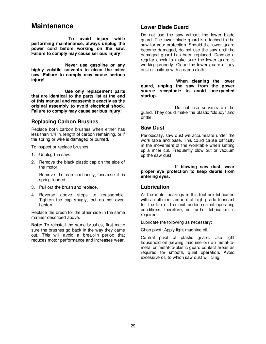 Jet Tools JMS-12SCMS manual Maintenance, Replacing Carbon Brushes, Lower Blade Guard, Saw Dust, Lubrication 