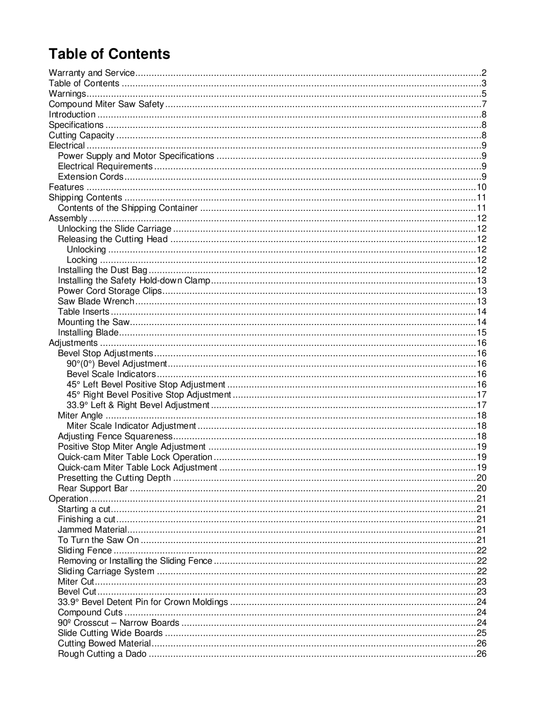 Jet Tools JMS-12SCMS manual Table of Contents 