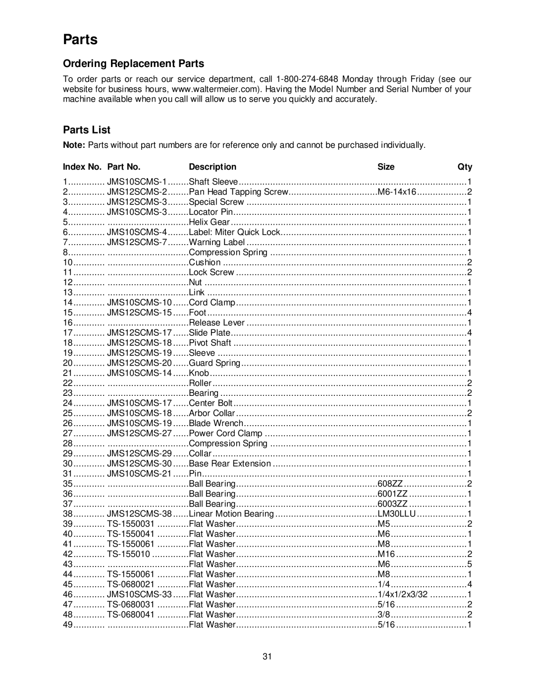 Jet Tools JMS-12SCMS manual Ordering Replacement Parts Parts List, Index No Description Size Qty 