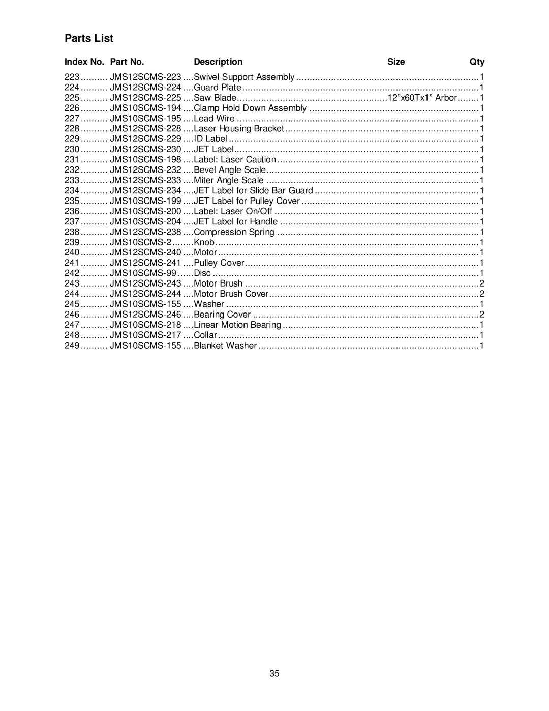 Jet Tools JMS-12SCMS manual Index No. Part No Description Size Qty, JMS10SCMS-2, JMS10SCMS-99 