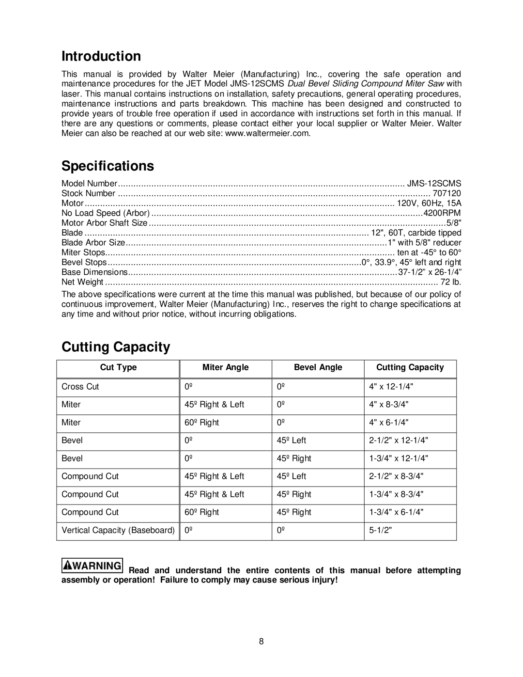 Jet Tools JMS-12SCMS manual Introduction Specifications, Cut Type Miter Angle Bevel Angle Cutting Capacity 