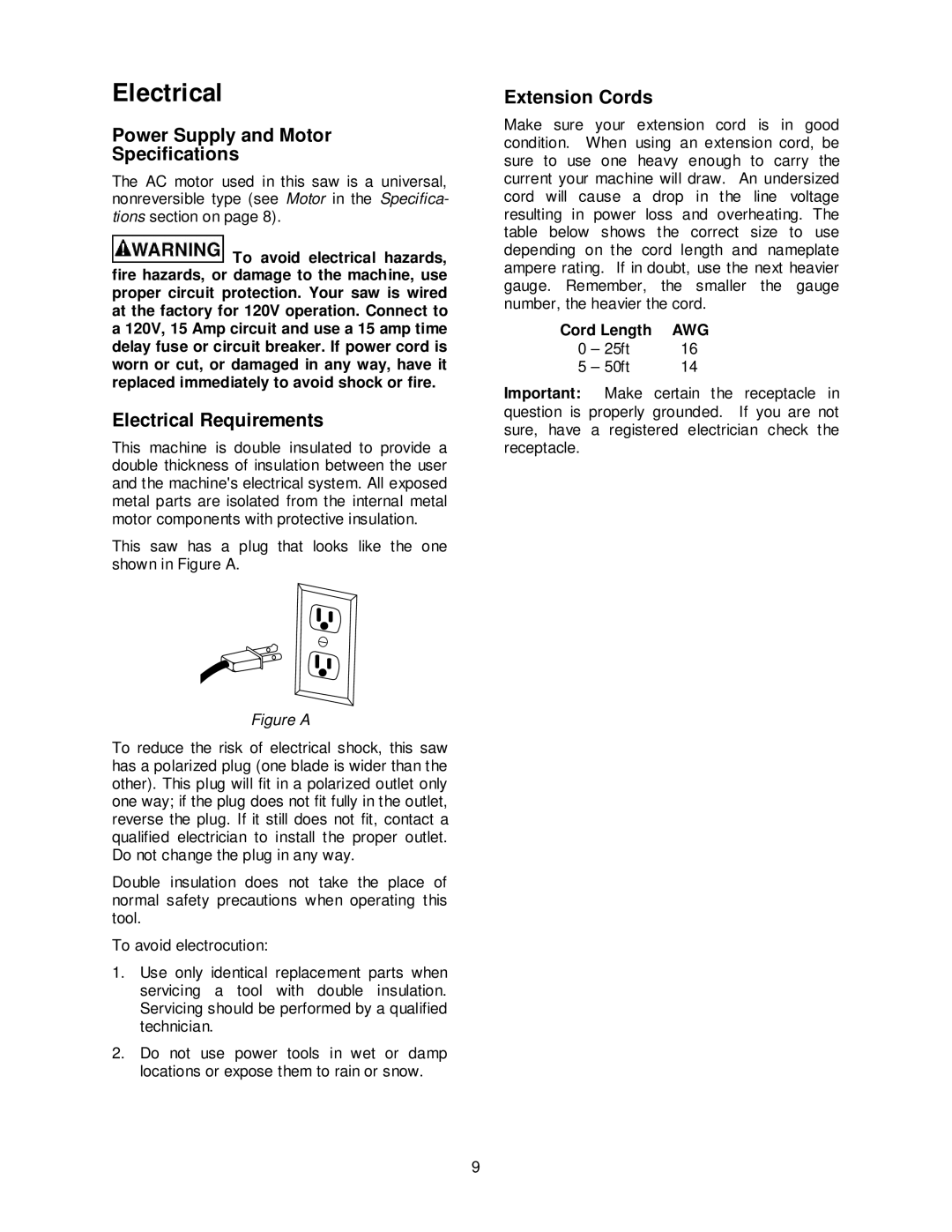 Jet Tools JMS-12SCMS Power Supply and Motor Specifications, Electrical Requirements, Extension Cords, Cord Length 