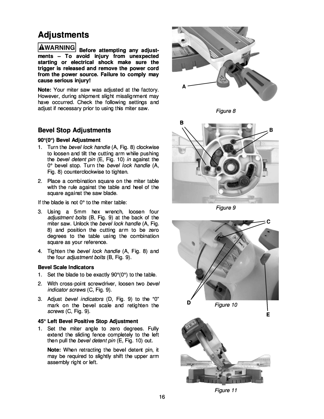 Jet Tools JMS-12SCMS manual Bevel Stop Adjustments, Bevel Adjustment, Bevel Scale Indicators, D Figure 