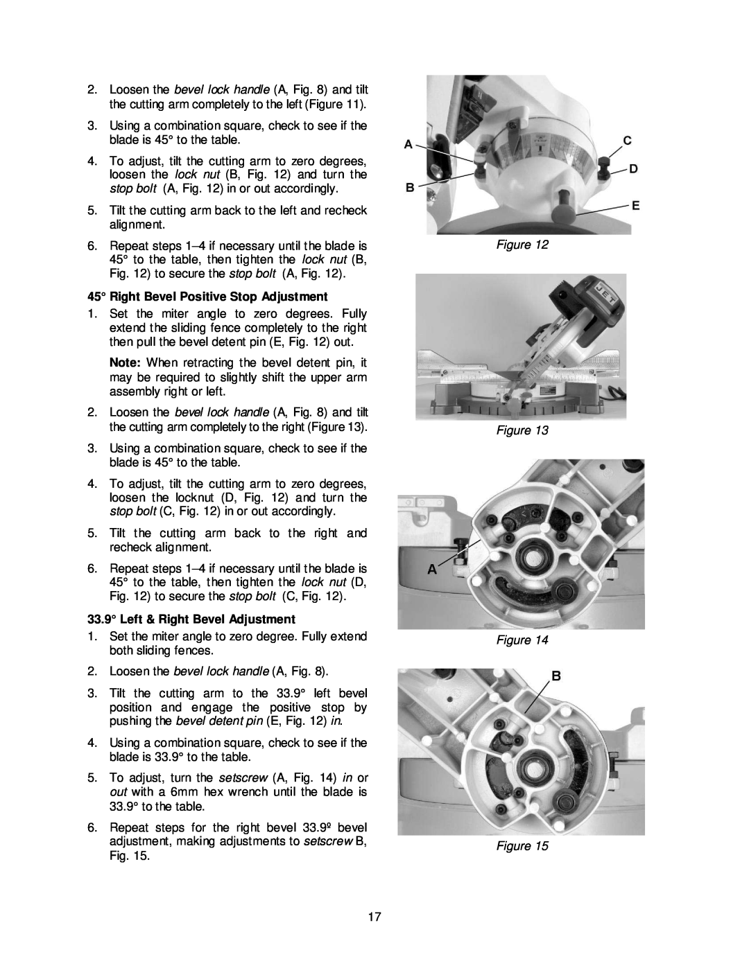 Jet Tools JMS-12SCMS manual Right Bevel Positive Stop Adjustment, Left & Right Bevel Adjustment 