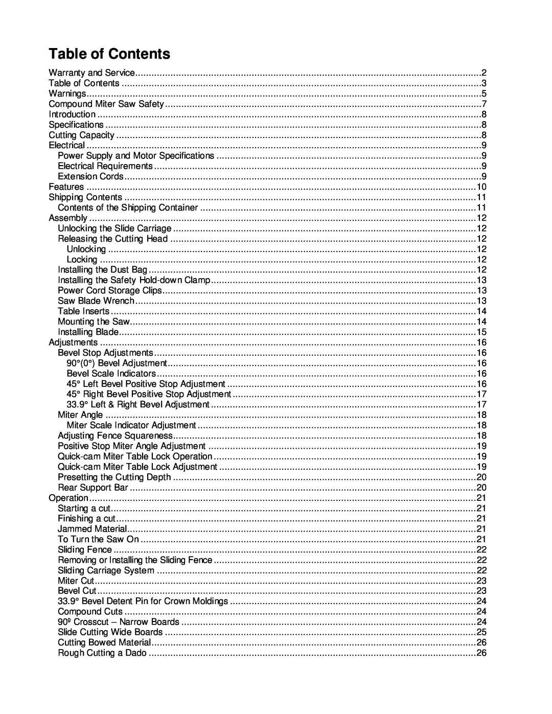 Jet Tools JMS-12SCMS manual Table of Contents 