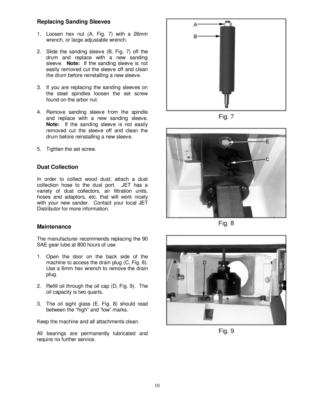 Jet Tools JOVS-10 owner manual Replacing Sanding Sleeves, Dust Collection, Maintenance 