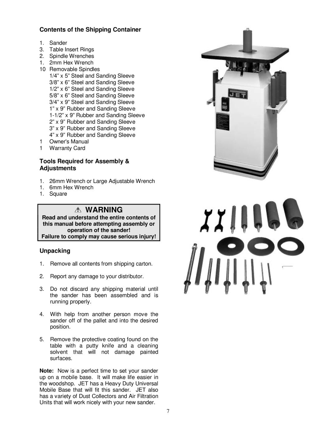 Jet Tools JOVS-10 owner manual Contents of the Shipping Container, Tools Required for Assembly Adjustments, Unpacking 