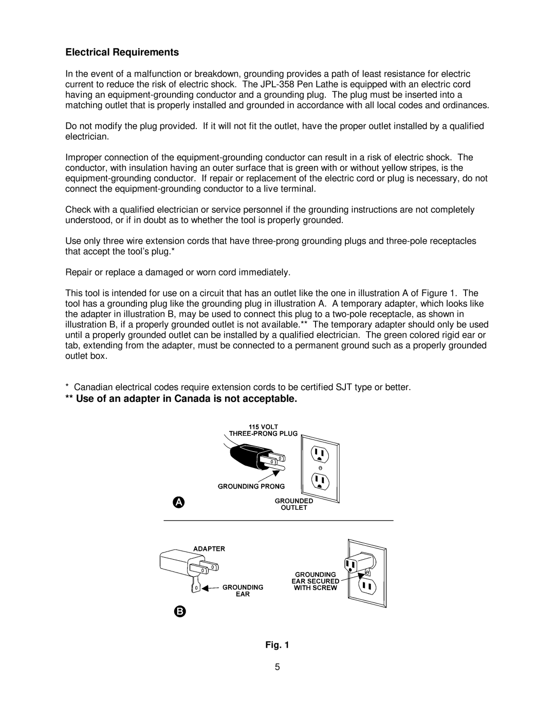 Jet Tools JPL-358 owner manual Electrical Requirements, Use of an adapter in Canada is not acceptable 