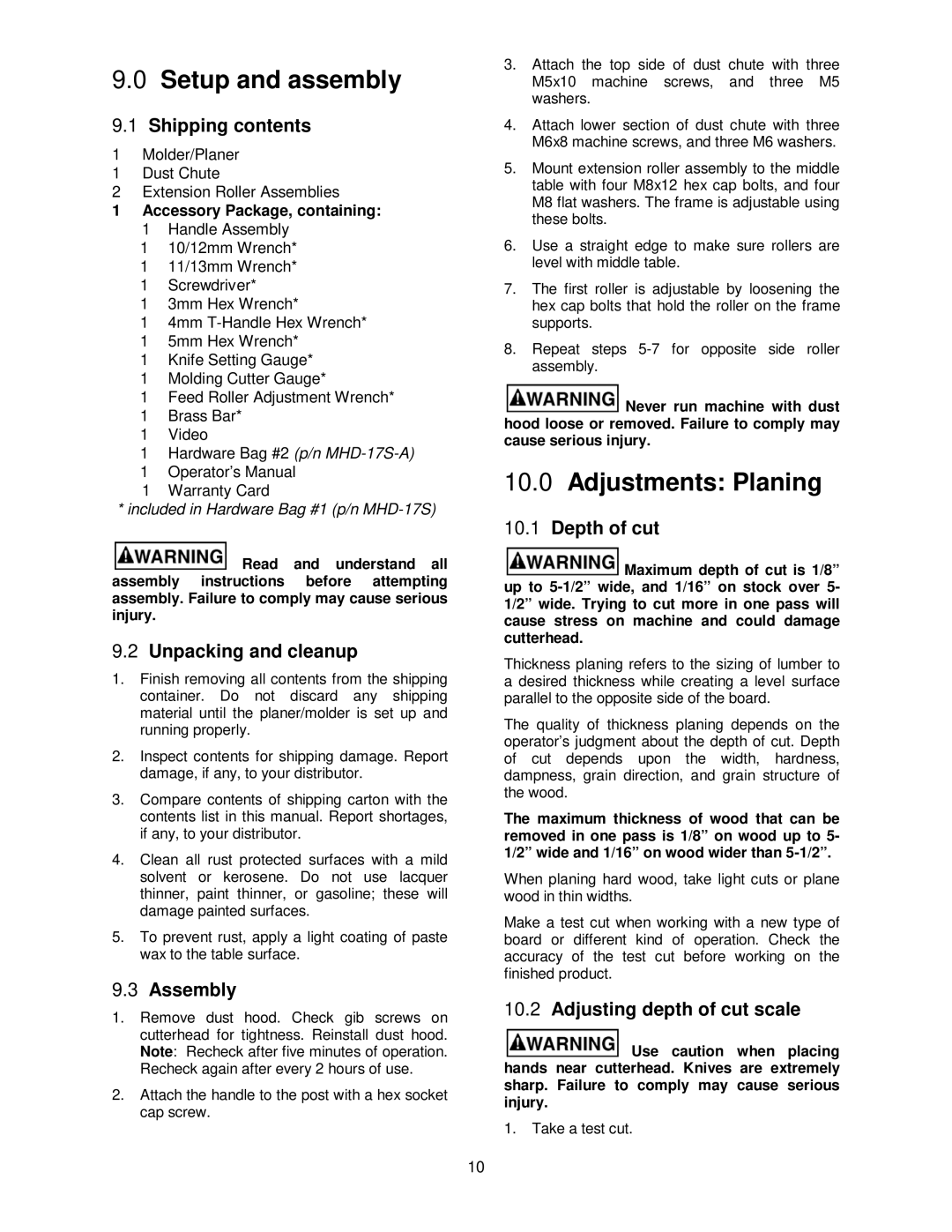 Jet Tools JPM-13CS operating instructions Setup and assembly, Adjustments Planing 