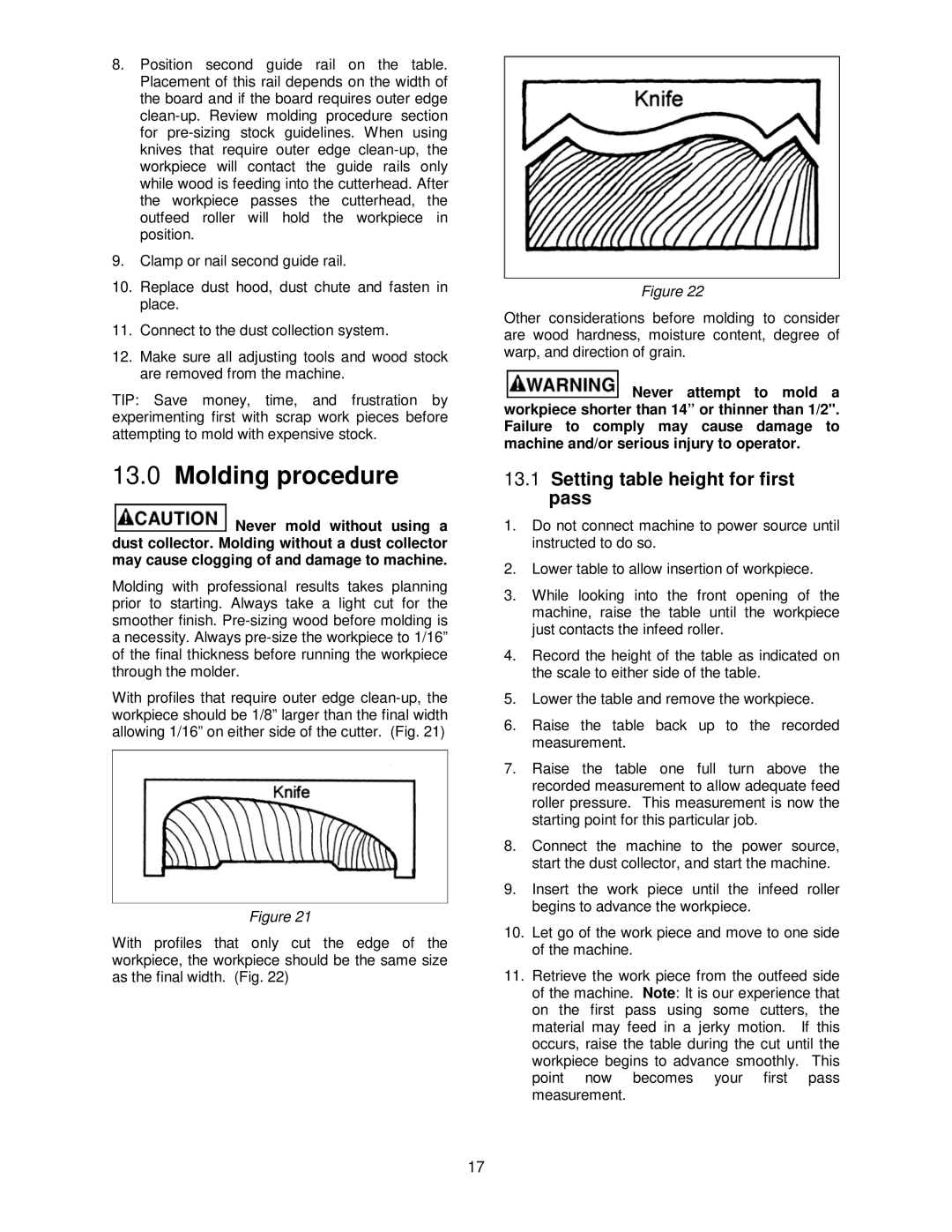 Jet Tools JPM-13CS operating instructions Molding procedure, Setting table height for first pass 