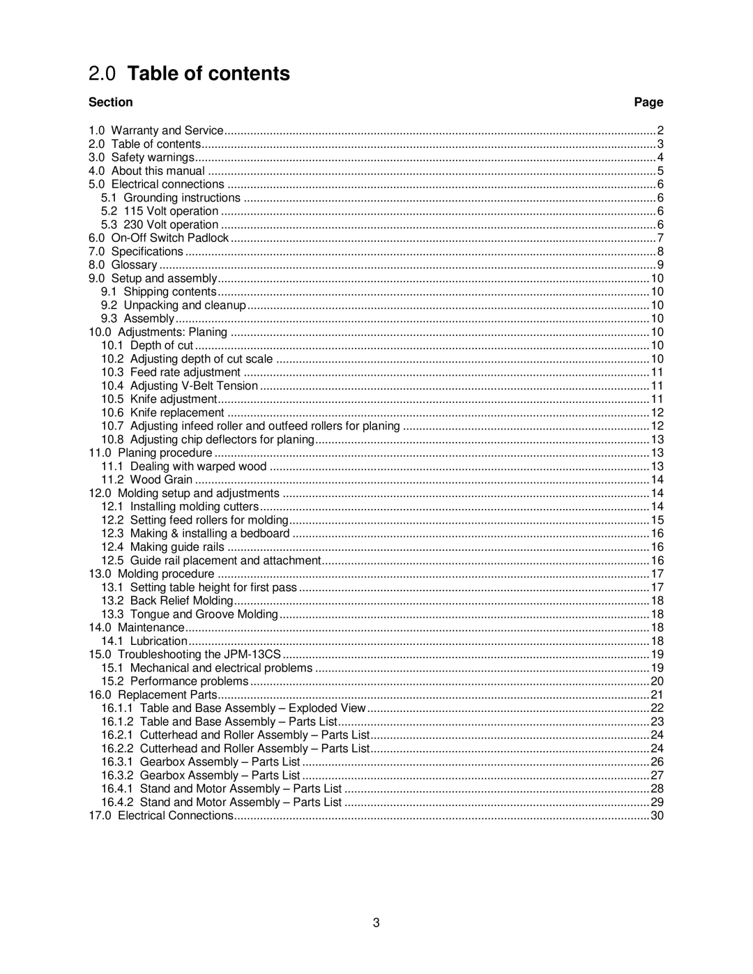 Jet Tools JPM-13CS operating instructions Table of contents 