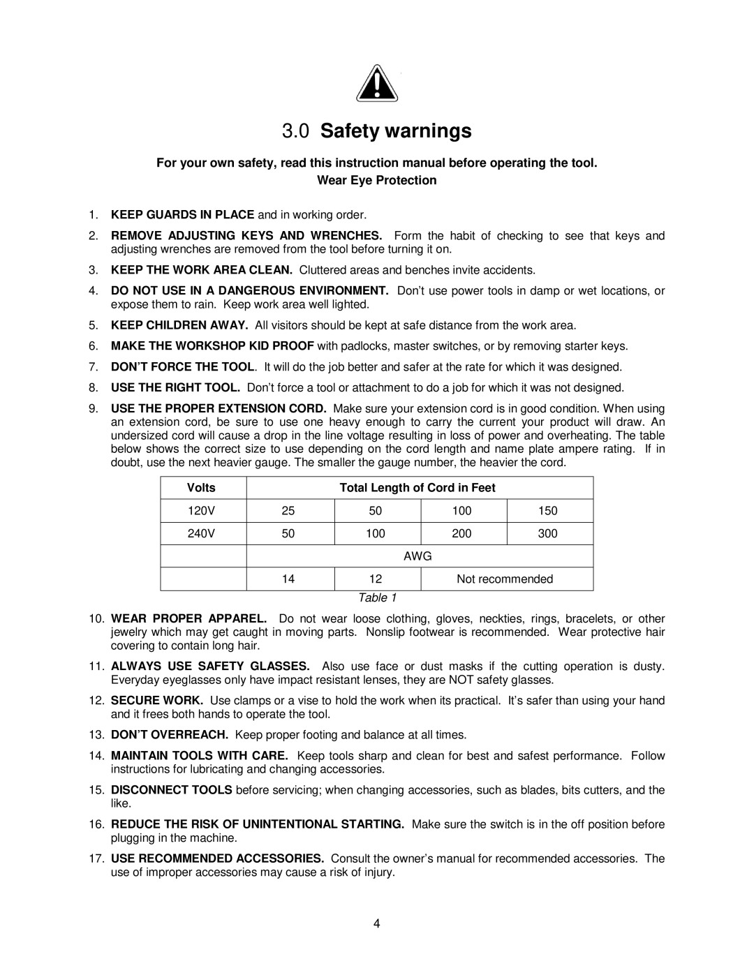 Jet Tools JPM-13CS operating instructions Safety warnings, Volts Total Length of Cord in Feet 