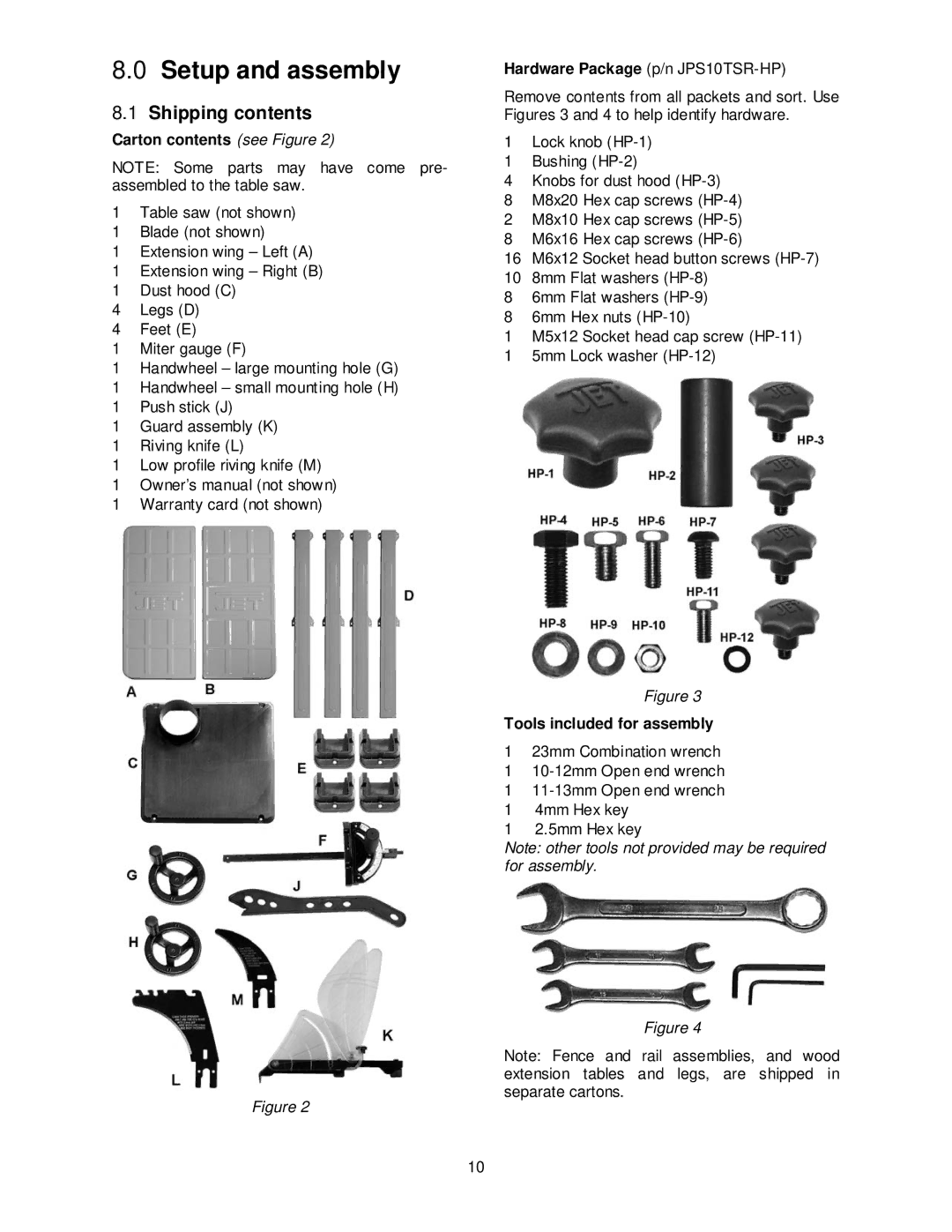 Jet Tools JPS-10TS operating instructions Setup and assembly, Shipping contents 