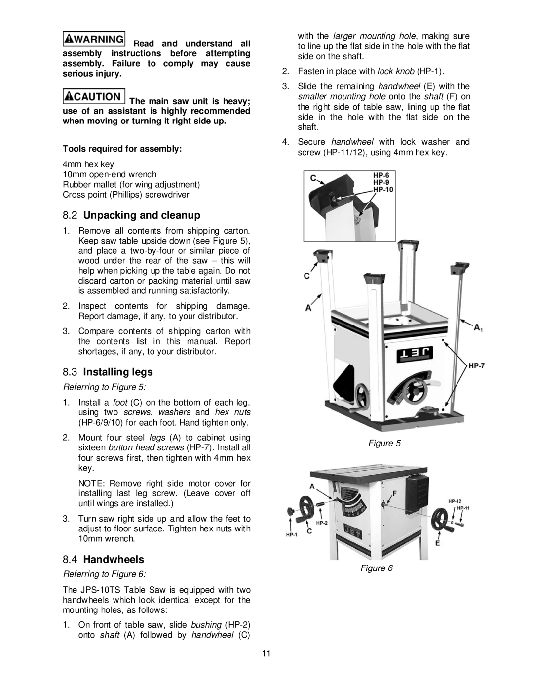 Jet Tools JPS-10TS operating instructions Unpacking and cleanup, Installing legs, Handwheels 