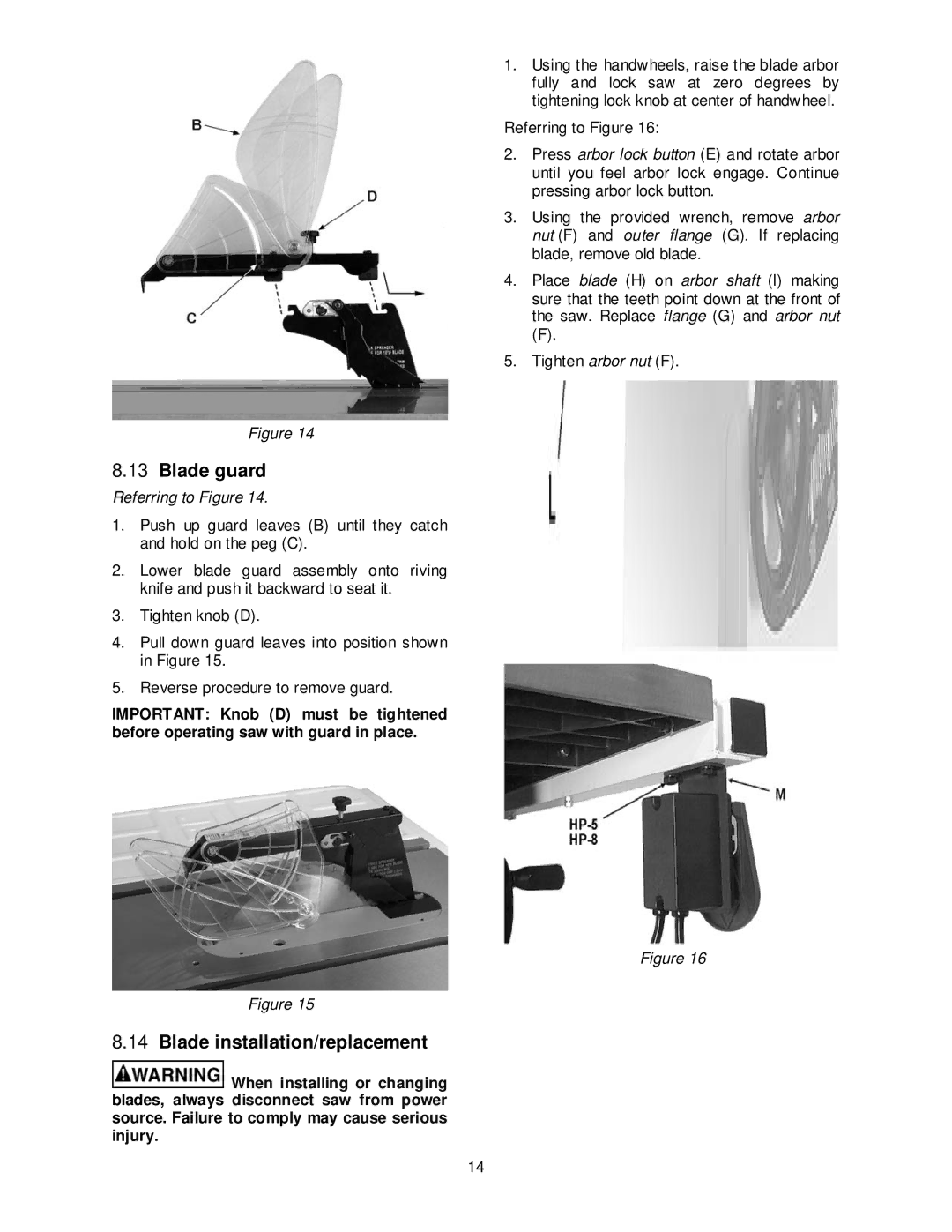 Jet Tools JPS-10TS operating instructions Blade guard, Blade installation/replacement 