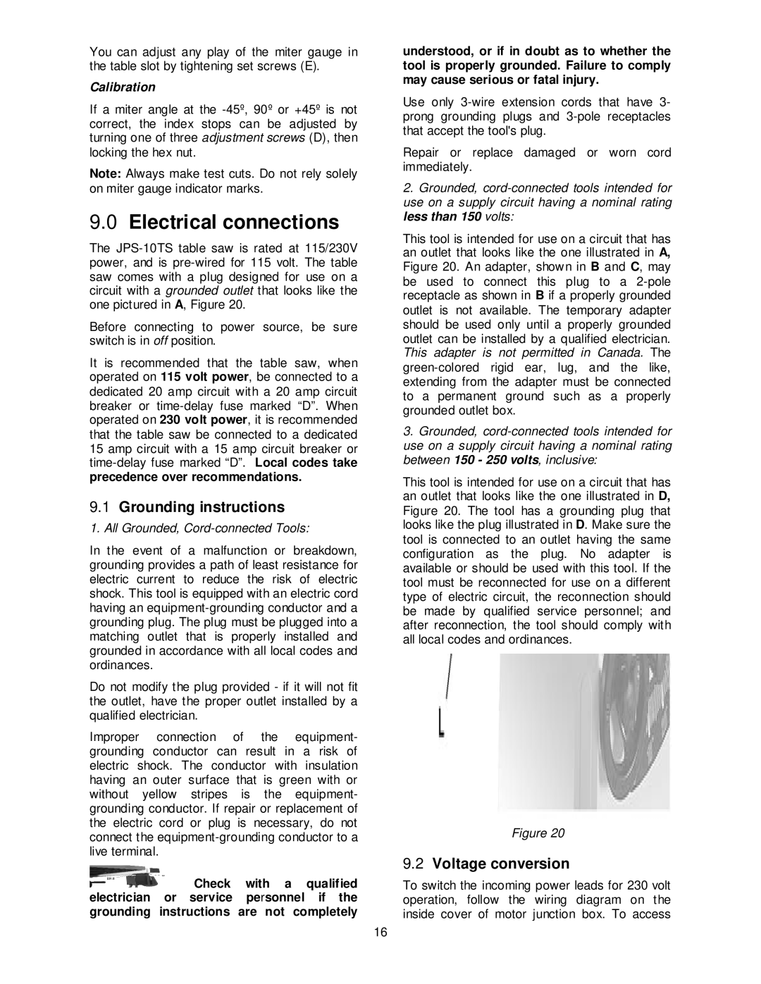 Jet Tools JPS-10TS operating instructions Electrical connections, Grounding instructions, Voltage conversion 