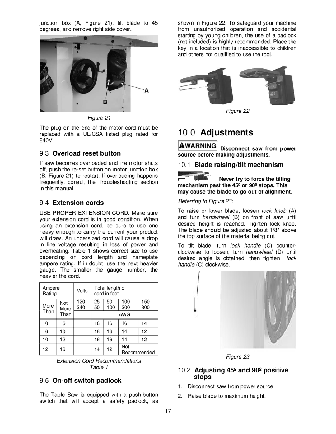 Jet Tools JPS-10TS operating instructions Adjustments 