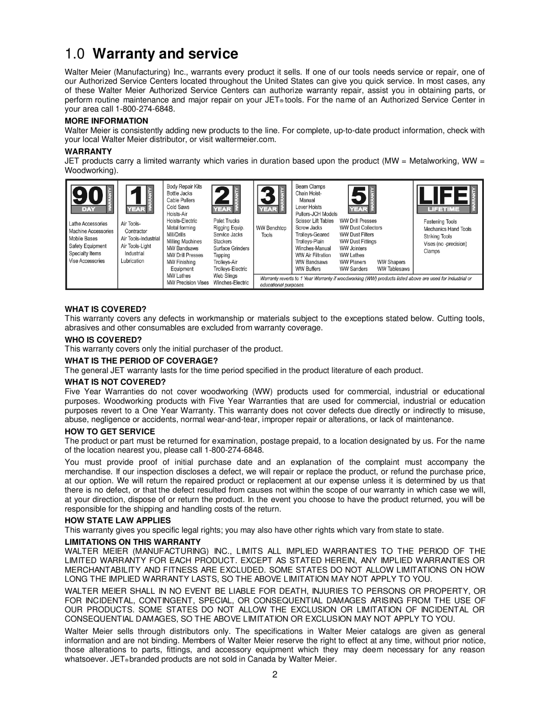 Jet Tools JPS-10TS operating instructions Warranty and service, More Information 