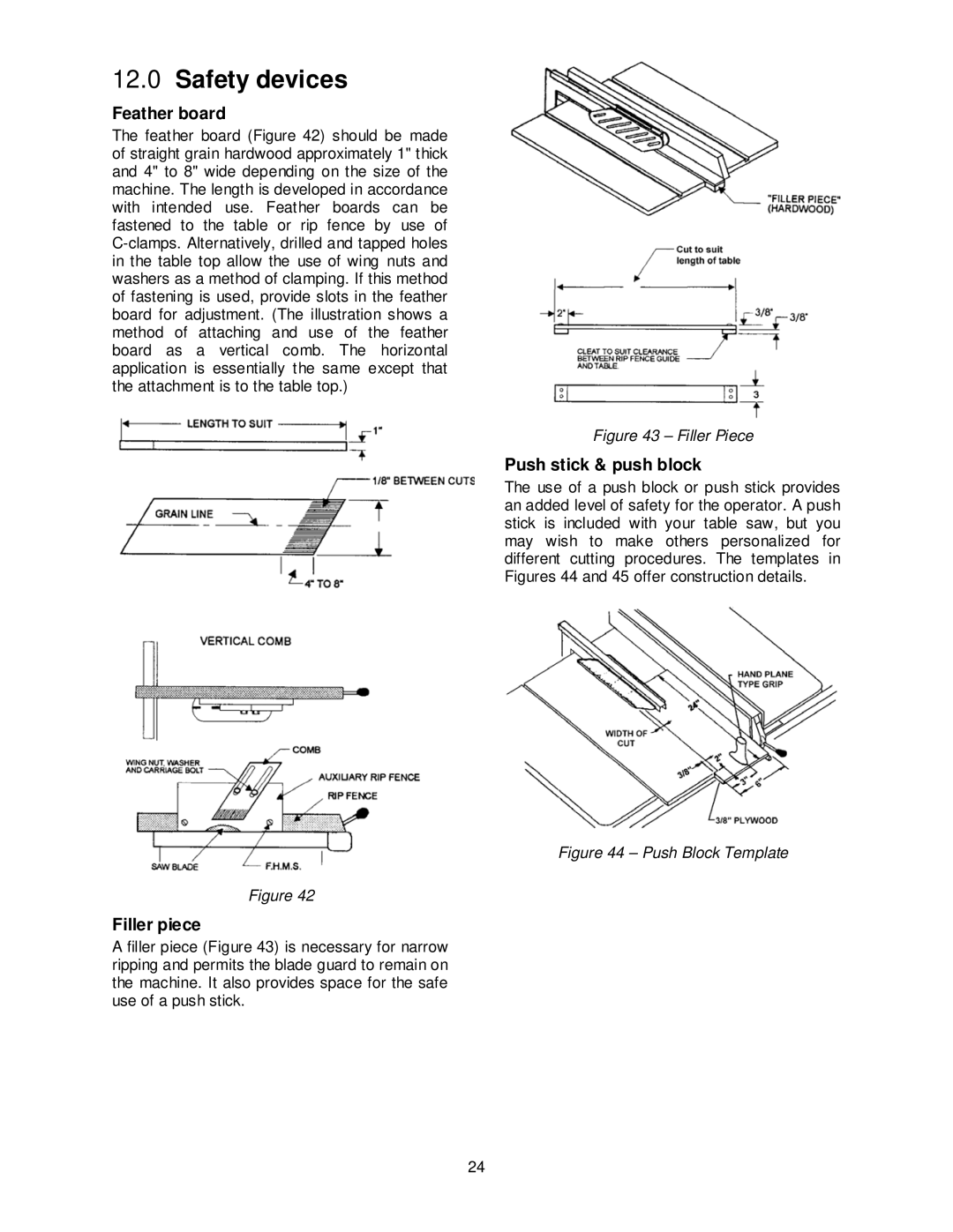 Jet Tools JPS-10TS operating instructions Safety devices, Feather board, Filler piece, Push stick & push block 