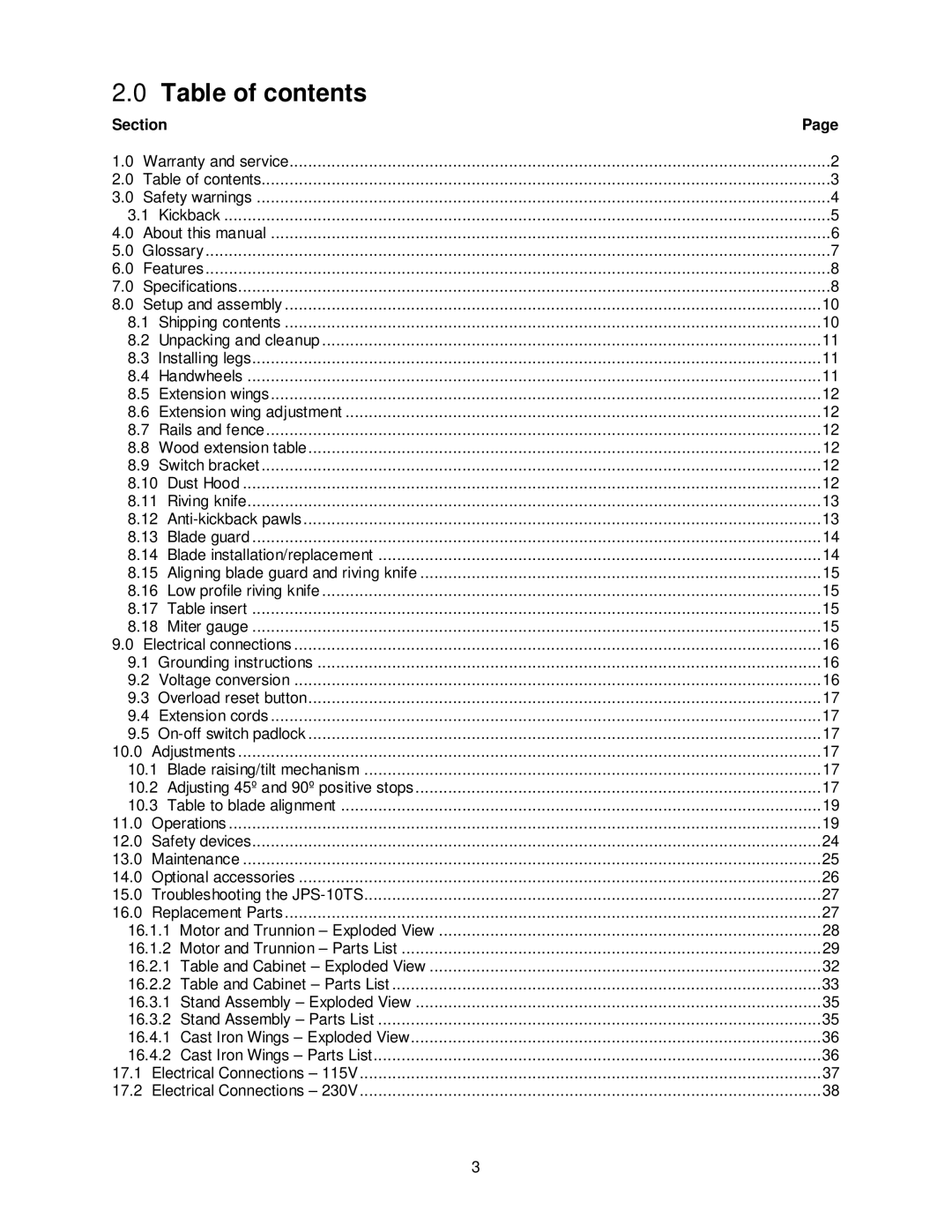 Jet Tools JPS-10TS operating instructions Table of contents 