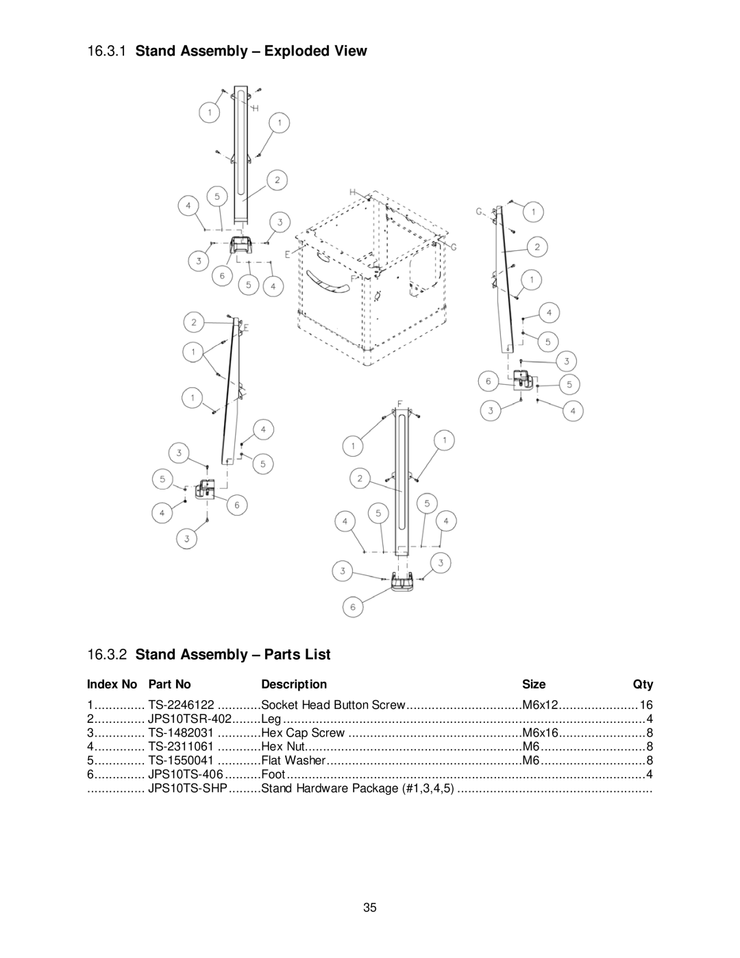 Jet Tools JPS-10TS operating instructions Stand Assembly Exploded View Stand Assembly Parts List 