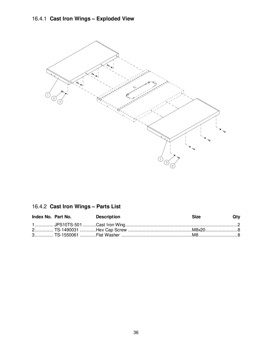 Jet Tools JPS-10TS operating instructions Cast Iron Wings Exploded View Cast Iron Wings Parts List 