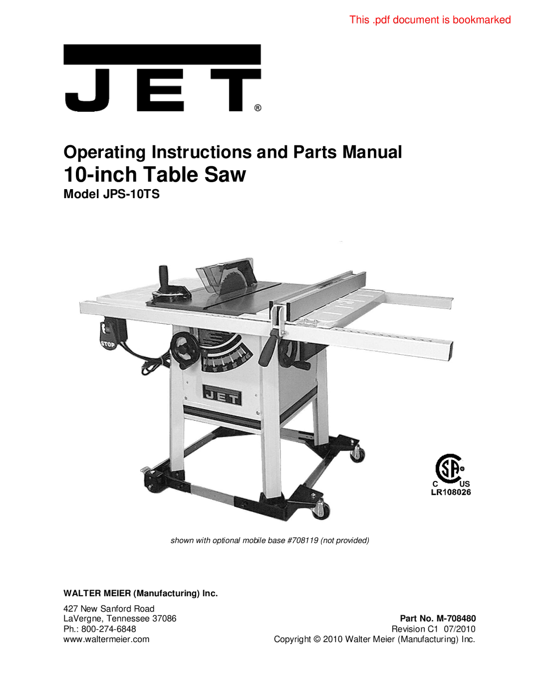 Jet Tools JPS-10TS operating instructions Walter Meier Manufacturing Inc, Part No. M-708480 