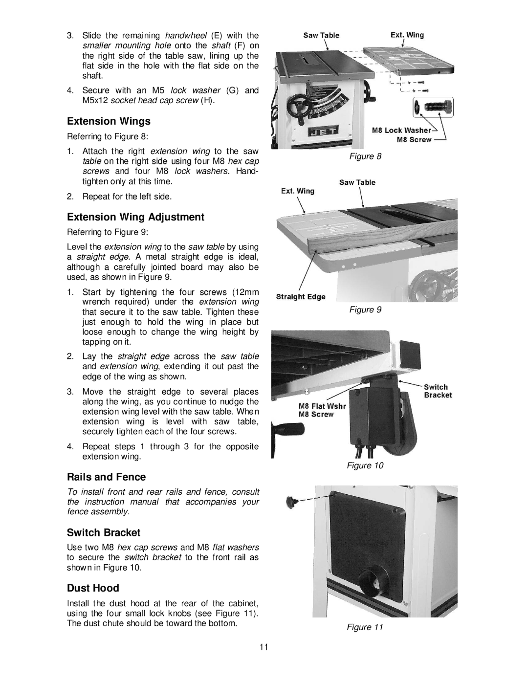 Jet Tools JPS-10TS Extension Wings, Extension Wing Adjustment, Rails and Fence Switch Bracket, Dust Hood 