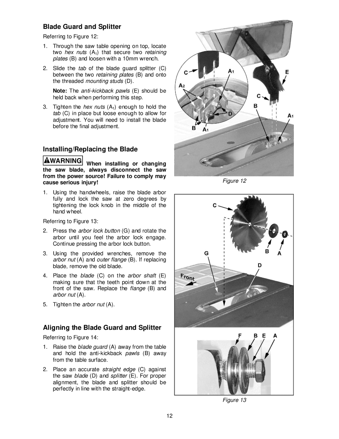 Jet Tools JPS-10TS operating instructions Installing/Replacing the Blade, Aligning the Blade Guard and Splitter 