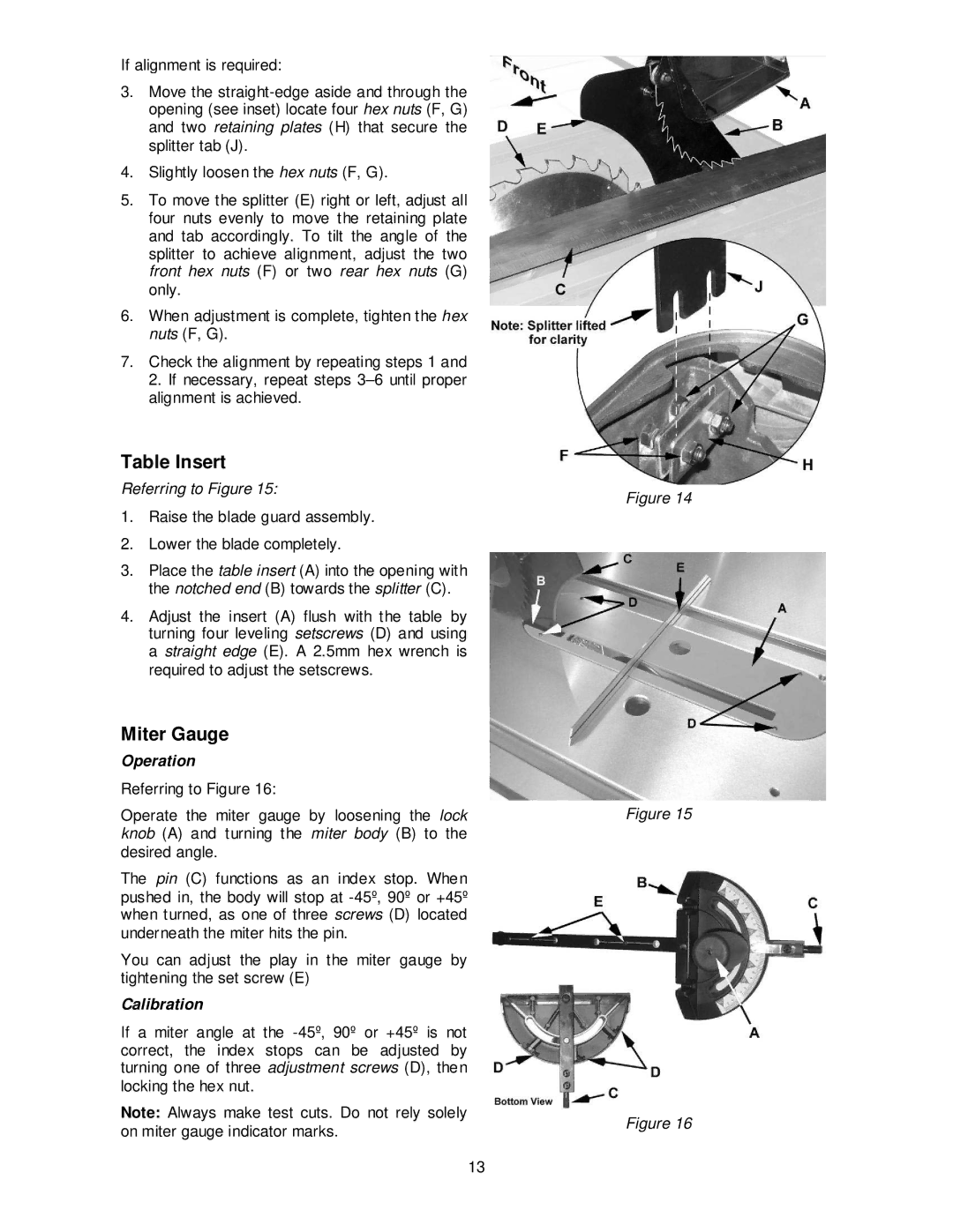 Jet Tools JPS-10TS operating instructions Table Insert, Miter Gauge 