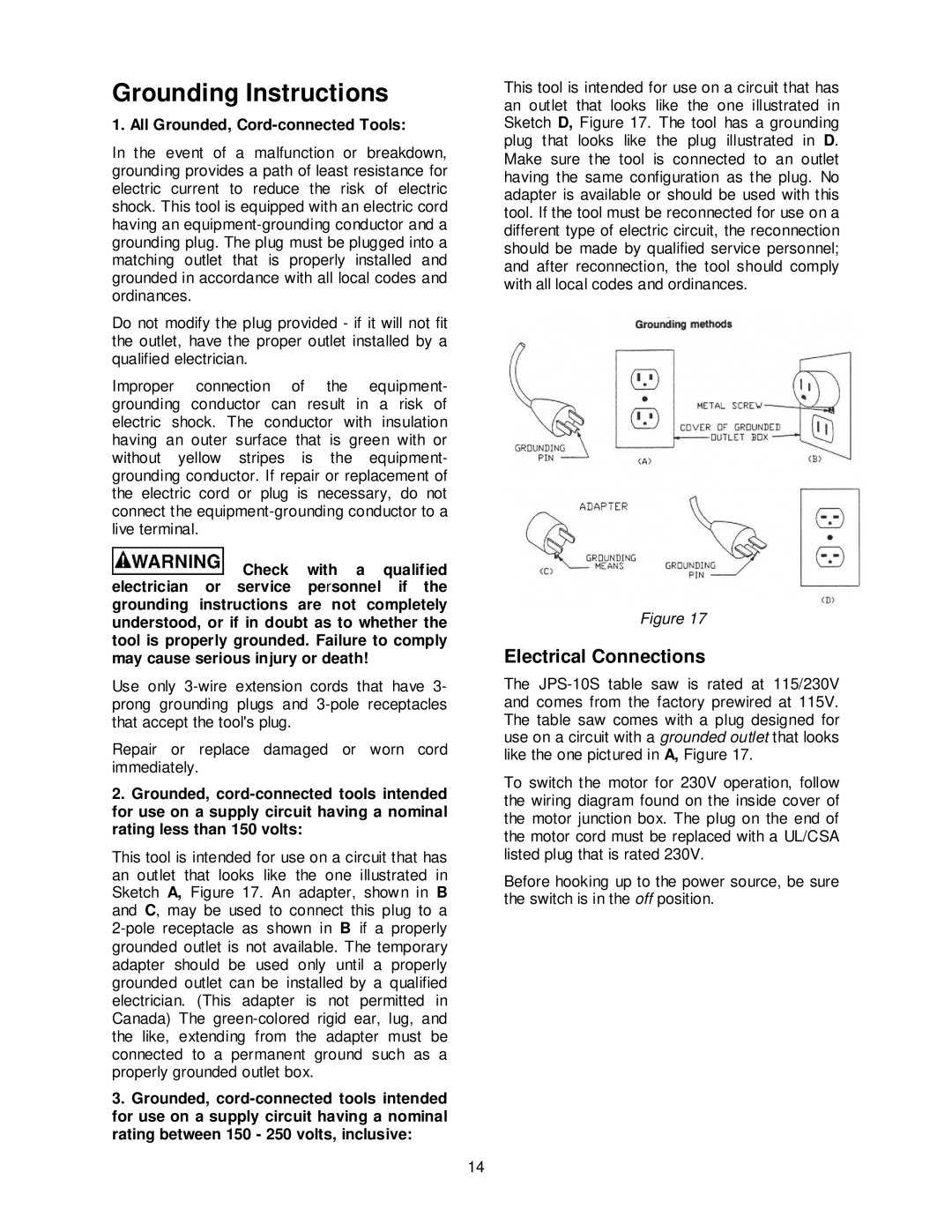 Jet Tools JPS-10TS Grounding Instructions, Electrical Connections, All Grounded, Cord-connected Tools 