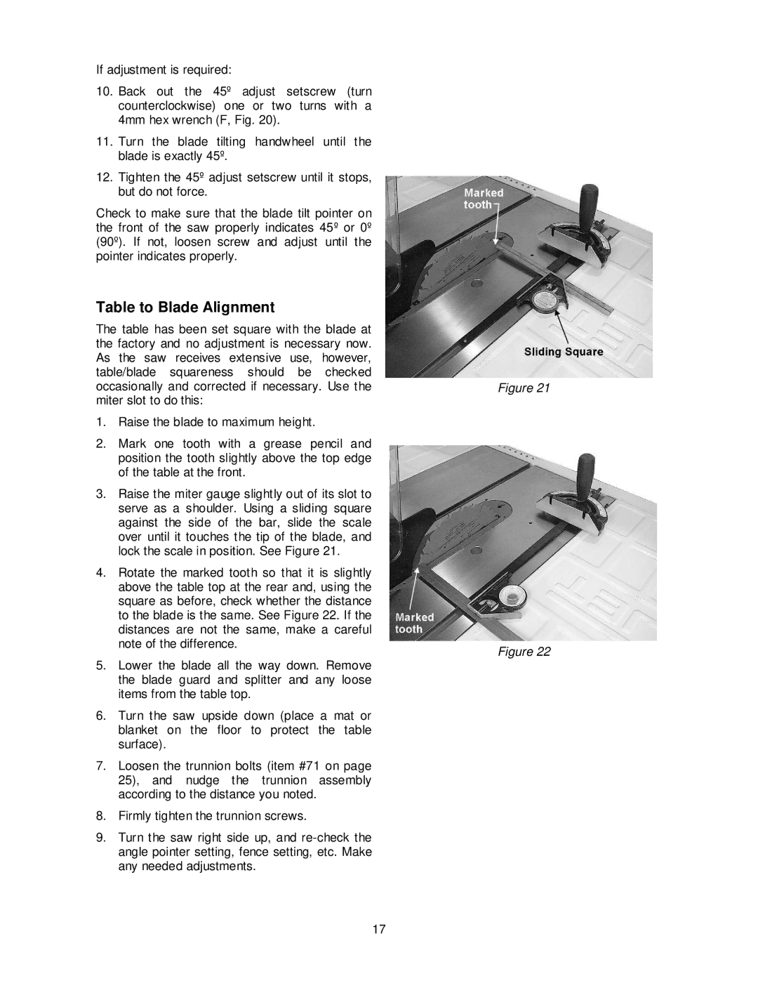 Jet Tools JPS-10TS operating instructions Table to Blade Alignment 