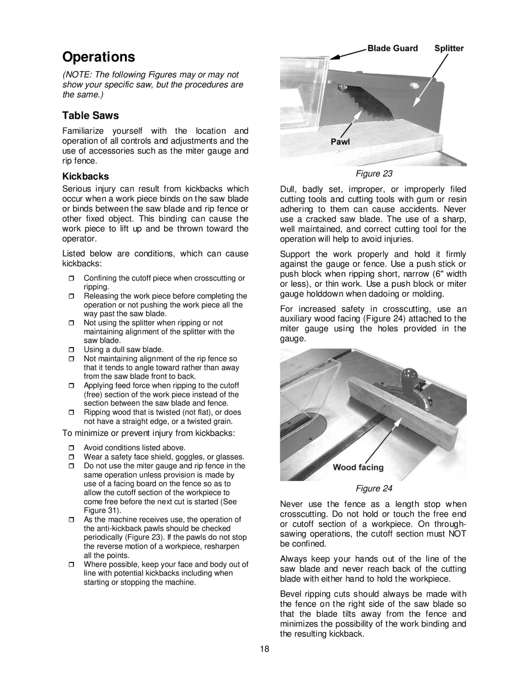 Jet Tools JPS-10TS operating instructions Operations, Table Saws 