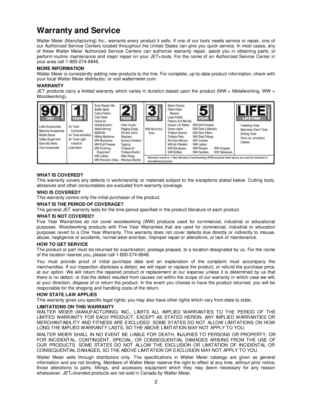 Jet Tools JPS-10TS operating instructions Warranty and Service, More Information 